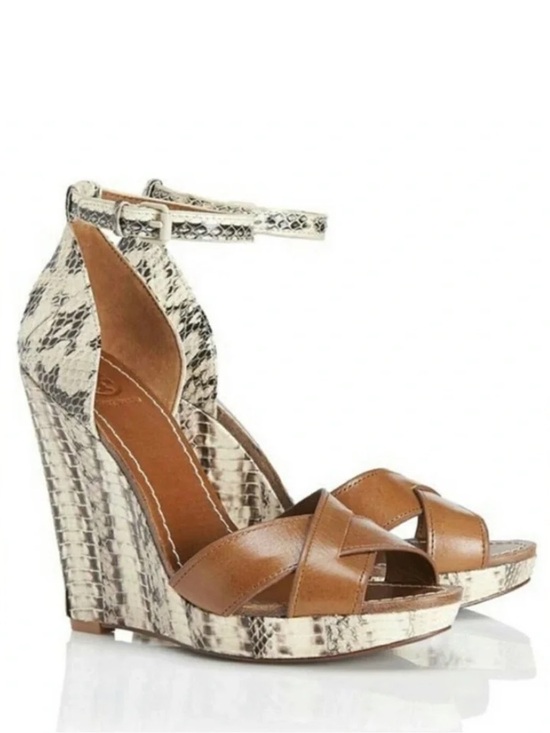Tory Burch Shoes - Tory Burch Livia Tan Leather and Snakeskin Wedge Sandals Size 6.5